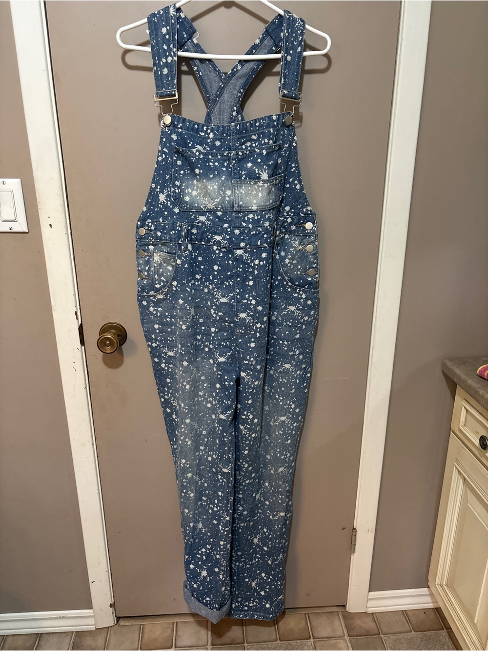 Blue Paint-Splatter Denim Overalls